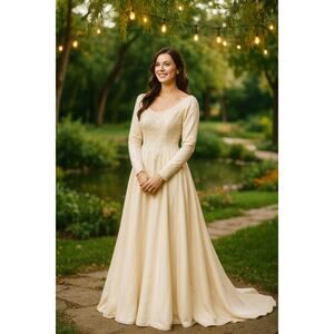 Vintage Long Sleeve Ivory Wedding Gown Satin Embroidered Classic Bridal Dress XS